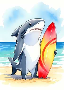 Cartoon Shark with Surfboard on Beach