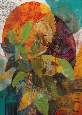 Abstract Botanical Collage – Leaves and Circular Layers Art