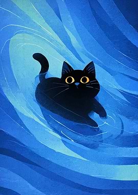Black cat swimming in blue water