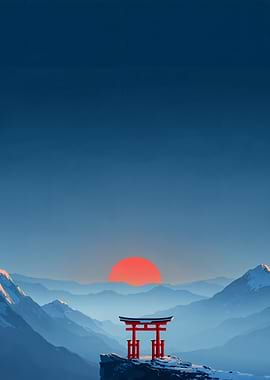 Japanese Torii Gate Sunset Landscape