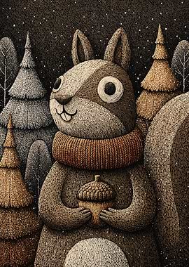 Winter Squirrel with Acorn Illustration