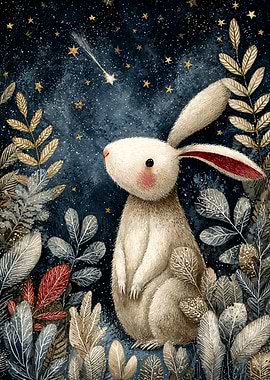 Rabbit under starry night illustration