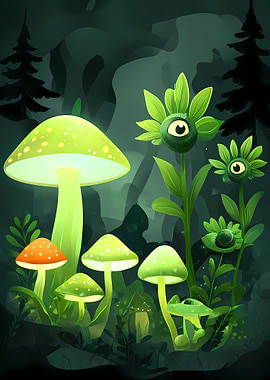 Enchanted Forest with Mushrooms and Eyeflowers