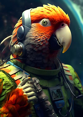 Astronaut Parrot with Headphones in Space