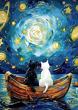 Cats in Boat Under Starry Night