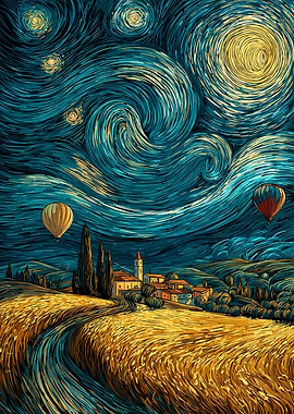 Starry Night Landscape with Hot Air Balloons