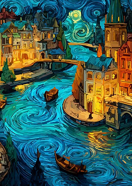 Starry Night Cityscape Painting