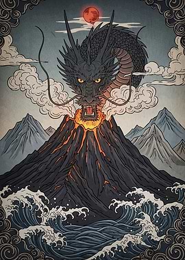 Dragon atop erupting volcano
