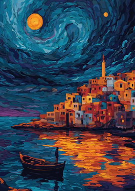 Coastal Town at Night with Boat