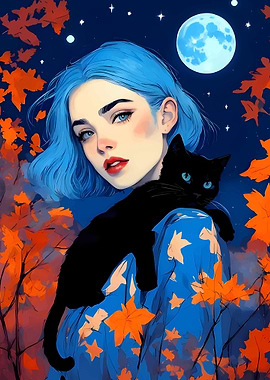 Girl with Blue Hair and Cat