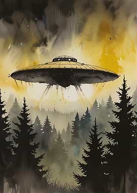 UFO over Forest Watercolor Painting