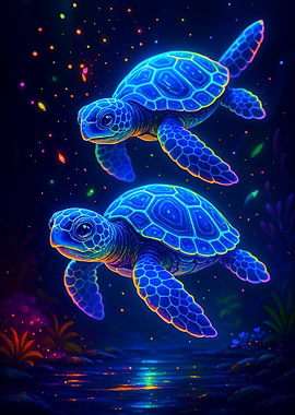 Neon Turtles in Deep Blue Sea