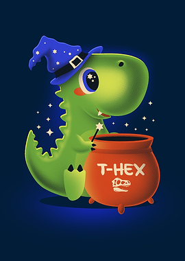 Cute T-Rex Wizard with Cauldron