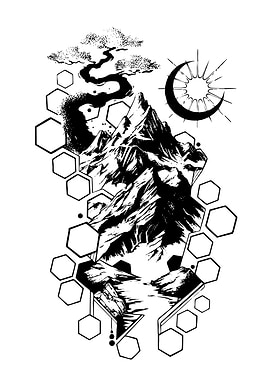 Mountain and Moon Geometric Tattoo Design