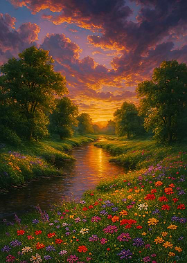 Sunset River Landscape with Flowers