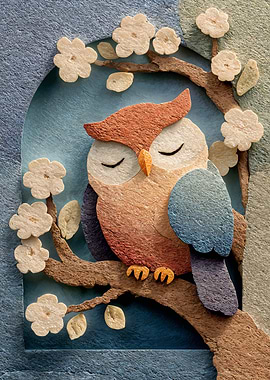 Sleeping Owl on Branch with Flowers