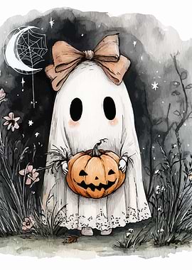 Cute Ghost with Pumpkin Halloween Art