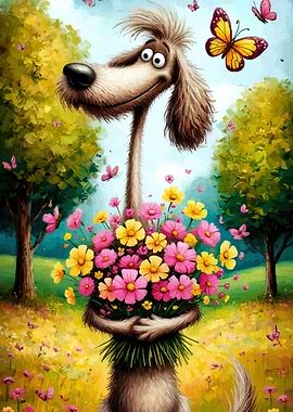 Cartoon Dog with Flowers and Butterflies