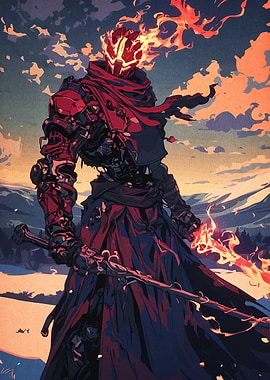 Flaming Warrior in Snowy Landscape