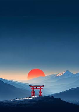 Japanese Torii Gate Sunset Landscape
