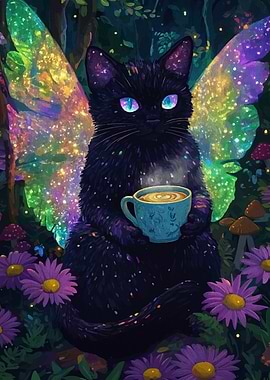 Fairy Cat with Coffee in Forest