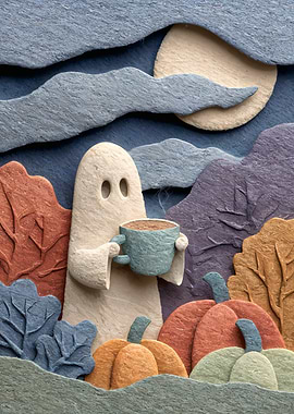 Ghost with Coffee Cup in Autumn
