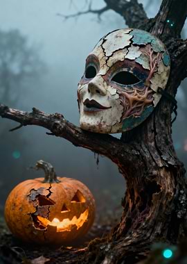Halloween Mask and Pumpkin in Fog