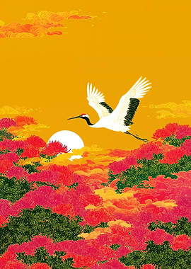 Crane Flying Over Flowers at Sunset