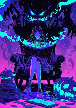 Girl Reading Magic Book with Monster