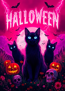 Halloween Cats with Pumpkins and Skulls