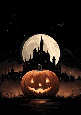 Halloween Pumpkin with Castle and Moon