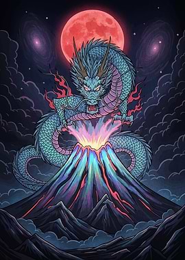 Dragon erupting volcano red moon