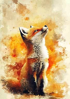 Watercolor Fox Looking Upward