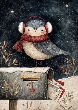 Winter Bird on Mailbox Illustration