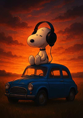 Snoopy on Car with Headphones