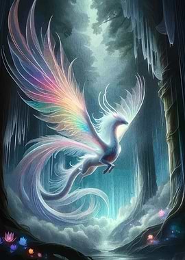 Rainbow-winged creature in mystical forest