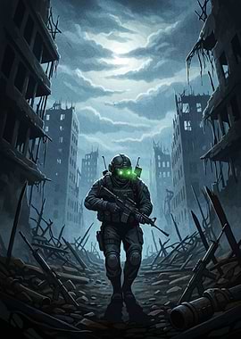 Soldier Ruined Cityscape