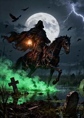 Grim Reaper on Horseback in Graveyard