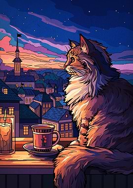 Cat, Coffee, and Cityscape at Dusk