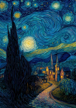 Starry Night Inspired Village Painting