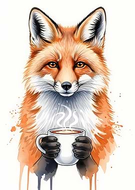 Fox with Coffee Watercolor Illustration