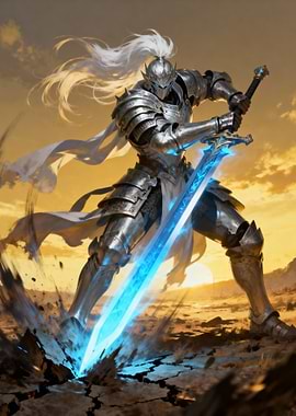 Knight with Glowing Sword in Desert