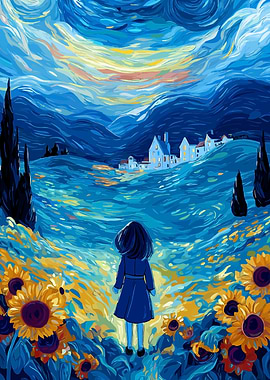 Girl in Sunflower Field, Van Gogh Style