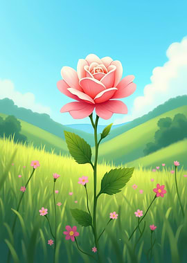 Pink Rose in a Green Field