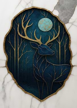 Elegant Deer in Forest, Marble Background