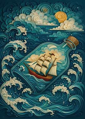 Ship in a Bottle Ocean Scene