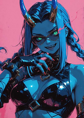 Blue-skinned Demon Girl with Horns