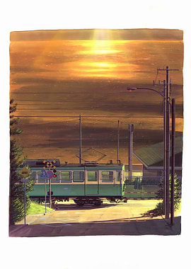 Green Train at Sunset