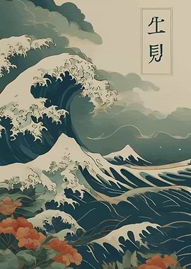 Japanese Wave Art with Floral Accent