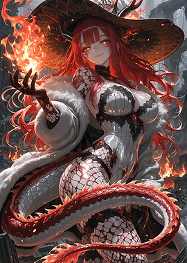 Anime Witch with Dragon Tail and Fire